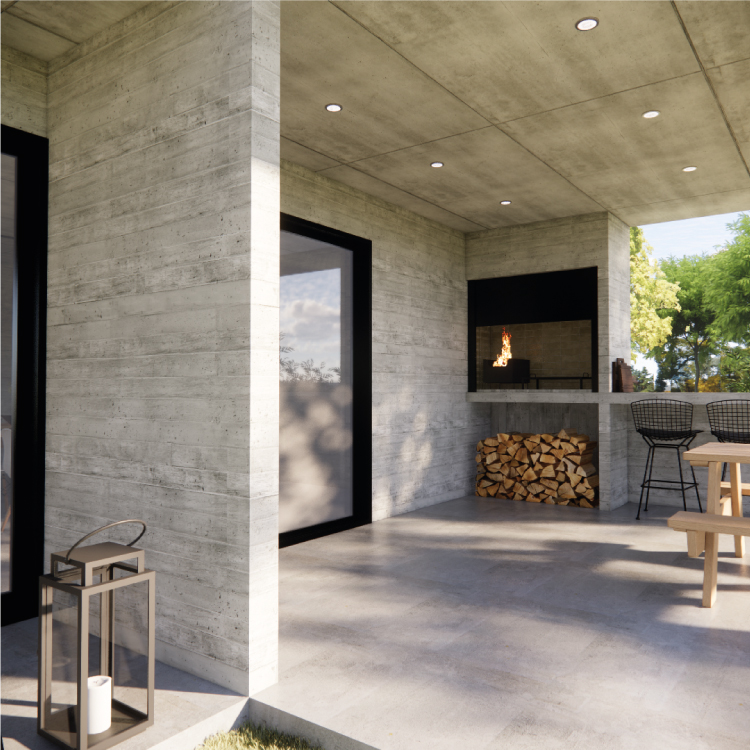 Conexión fluida entre el interior del proyecto de casa y el jardín a través de amplios ventanales.