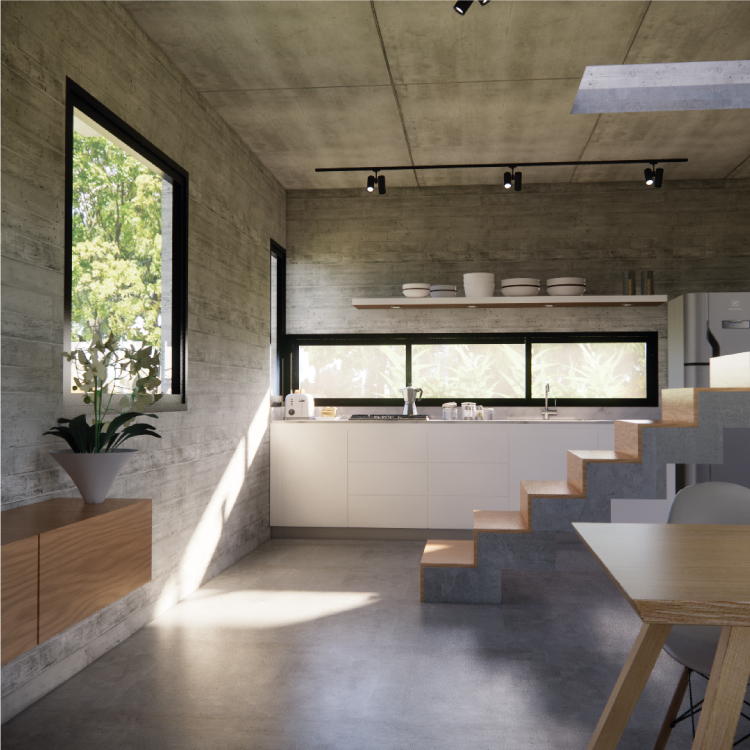 Uso del hormigón visto como material predominante en el proyecto de la casa de veraneo, garantizando durabilidad y fácil mantenimiento