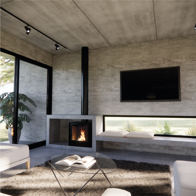 Interior del proyecto de casa de veraneo con área social de concepto abierto, sala de estar, comedor y cocina integrados