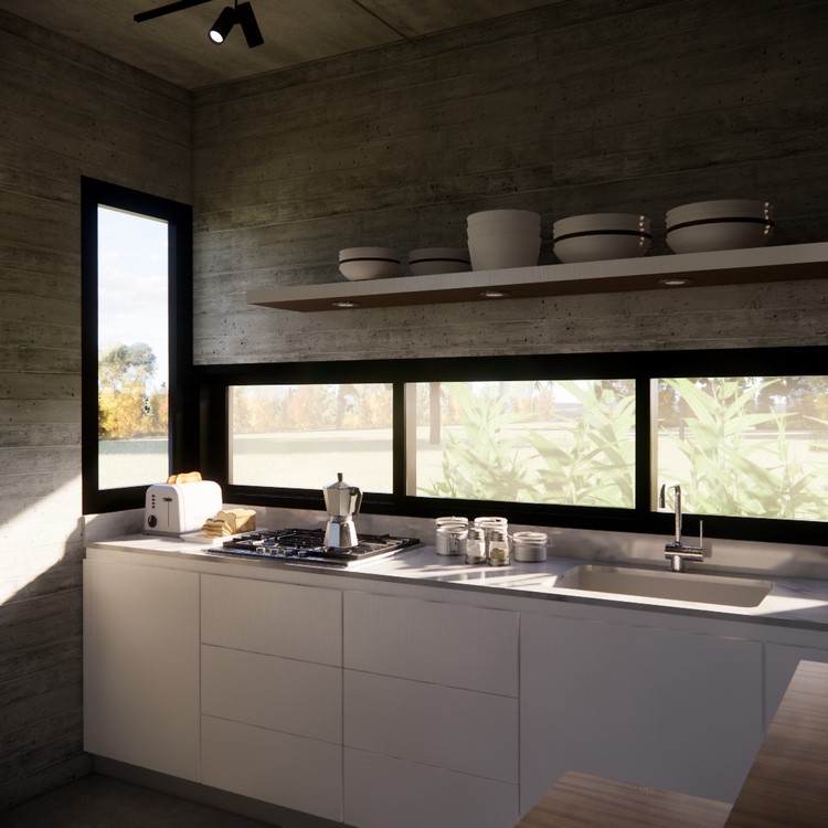 Interior, área social de concepto abierto, sala de estar, comedor y cocina integrados.