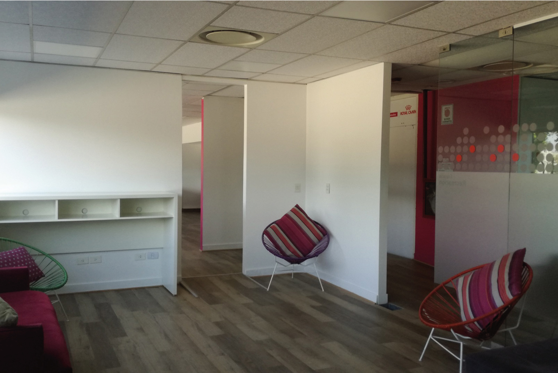 Sala de reuniones moderna con diseño funcional en oficinas de Royal Canin.